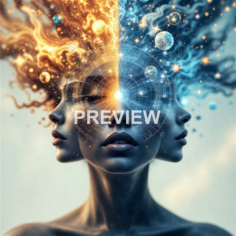 A surreal digital artwork depicting three female faces with cosmic, neural, and technological elements emanating from their heads, blending human features with abstract space and light patterns.